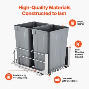 Contenitore per Rifiuti Estraibile da 35 QT, Resistente, Doppio, da Incasso, per Cucina, con Kit per Riciclaggio e Porta Morbida - Product Image 3