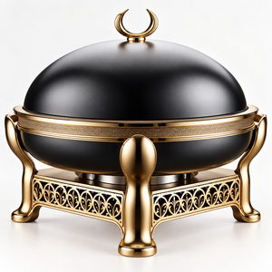 Plat à réchaud rond de luxe en acier inoxydable noir et or avec couvercle en dôme et support décoratif - Product Image 1