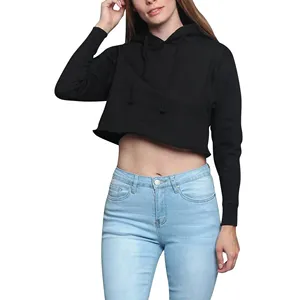 Sweat-shirt à capuche court noir pour femme, manches longues, couleur unie, en coton tricoté, pour le printemps - Product Image 5