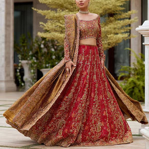 Vestido de Novia Clásico Pakistaní, 100% Seda, Corte A, Cola Capilla, Adornado con Cristales - Product Image 1