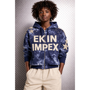 Sudadera con capucha para hombre, personalizada, de alta calidad, con efecto desgastado por el sol, de 400 g/m², estilo vintage, lavado ácido, corte holgado, con cremallera y pedrería - Product Image 3