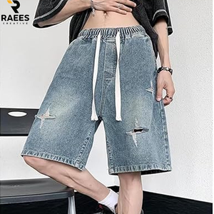 Shorts en jean tendance pour hommes, motif étoilé, bleu vintage, décontractés, mélange de coton, confortables et respirants, nouvelle collection été - Product Image 6