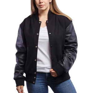 Chaqueta Varsity Negra Unisex con Mangas de Cuero PU, Cuello Alto, Estilo Casual para Otoño, Corte Regular, Color Sólido, Cierre de Botones - Product Image 6