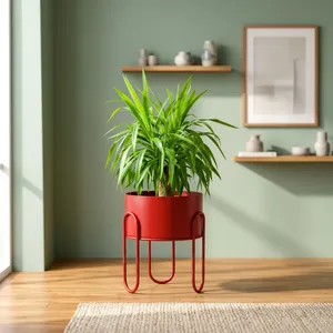 Pot de fleurs moderne en métal rouge avec support en fer sculpté, élégant porte-plantes d'intérieur pour salon, chambre, bureau, balcon - Product Image 5