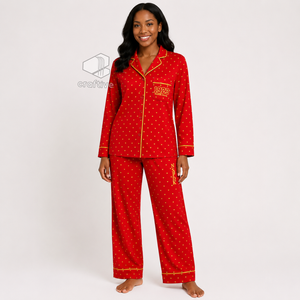 NSPDK Sorority Women's Red Heart Print Pajama Set Button Front Long Sleeve Notched Collar Contrast Piping Lounge Set <b>PJs</b> - Product Image 5