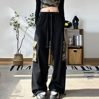 Pantalon cargo en toile taille haute pour femme, grande taille, coupe ample, longueur intégrale, style utilitaire, noir et vert, avec poches, taille élastique, pour l'automne