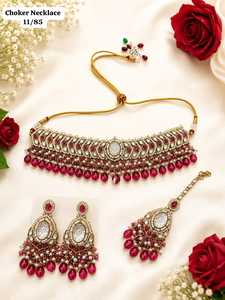 Premium Pink Kundan <b>Emerald</b> Cut Choker Necklace <b>Set</b> Antique Gold Plated Pearl Beaded Earrings Maang Tikka Indian Wedding <b>Jewelry</b> - Product Image 2