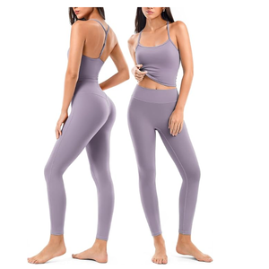 Ensemble de yoga tendance 2 pièces en tissu léger et doux, haut sans manches à col rond et legging taille haute avec fermeture élastique - Product Image 6