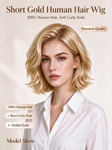 Perruque courte 100% cheveux humains, couleur dorée, pointes bouclées, ligne de cheveux naturelle, perruques douces en cheveux humains pour femmes, mode quotidienne - Product Image 1