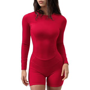Women Seamless <b>Red</b> <b>Long</b> <b>Sleeve</b> Yoga <b>Top</b> Solid Color Crew Neck Full <b>Sleeve</b> Activewear - Product Image 1
