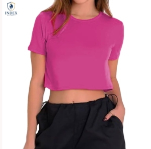 INDEX APPAREL Women's Pink Crop <b>Top</b> Crew Neck Short Sleeve Solid Color Casual Knitted Cotton T-Shirt Spring Summer Wear - Product Image 1