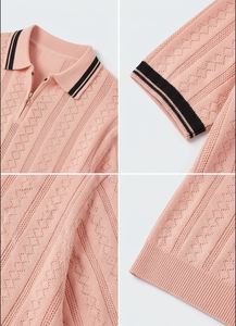 Camiseta polo texturizada color melocotón para hombre, de algodón, con cuello con cremallera, manga corta, ropa informal de verano - Product Image 3