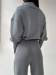 OEM Women Ash Knitted Two Piece Set Casual Zip Neck Sweater and Elastic Waist Pants Factory Supplier - Product Image 3