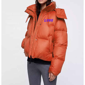 Chaqueta Acolchada Azul para Mujer, Chaqueta Corta de Invierno con Capucha, Manga Larga, Cierre de Cremallera Frontal con Logotipo - Product Image 2