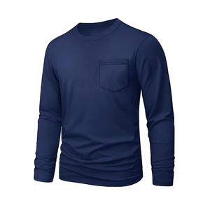 T-shirt en coton uni pour homme, décontracté, col rond, manches longues, nouveau t-shirt à manches longues pour homme avec poche - Product Image 5