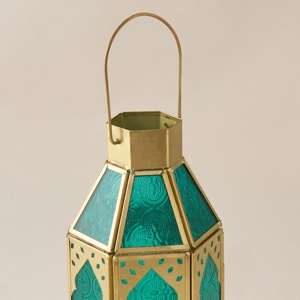 Signature <b>Gold</b> Metal Moroccan <b>Lantern</b> with Teal Embossed Glass Decorative Candle Holder for Ramadan Home Table Decor - Product Image 3