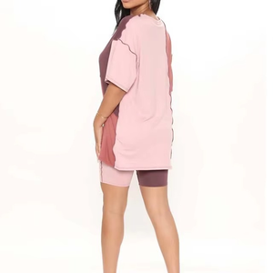 Ensemble de t-shirts pour femmes à manches courtes, coupe ample, couleur contrastée, col rond, respirant, tricoté, avec design à panneaux, à porter en toutes saisons - Product Image 2