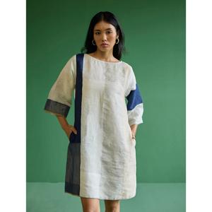 Vestido Maxi Lavable Ecológico para Mujer, Color Blanco y Azul Marino, Corte Holgado, Manga Abullonada, Casual, Verano, Cintura Natural - Product Image 2