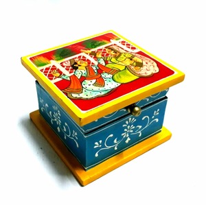 Handmade Wooden Square <b>Box</b> With Folk Art Painting Blue And Yellow Decorative Design Tabletop Collectible Art Piece - Product Image 1