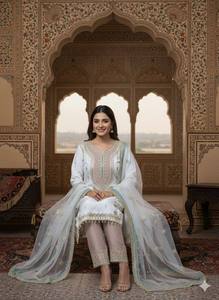 Ensemble Palazzo en Soie Crêpe Blanche de Qualité Supérieure avec Broderie de Sequins Riche et Dupatta en Tulle Papillon pour Mariage, Festival et Soirée - Product Image 3