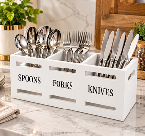 Porte-couverts en bois blanc à 3 compartiments, organiseur de couverts, support de rangement pour ustensiles de cuisine sur comptoir - Product Image 2