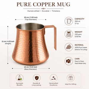 Taza de Cobre Martillado 100% Puro con Revestimiento de Estaño |   Taza de Cobre Hecha a Mano para Agua y Café |   Vaso Ayurvédico para Beber de 500 ml - Product Image 2