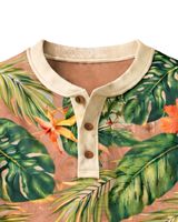 Kemeja Henley Pria Motif Tropis Cokelat dan Hijau Floral Lengan Panjang Kancing Depan Kasual Gaya Pantai Musim Panas Atasan Modis
