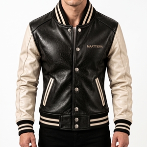 Veste en cuir noire pour homme avec manches crème, col côtelé rayé, fermeture à boutons-pression, style Letterman, personnalisable OEM ODM, vente en gros - Product Image 1