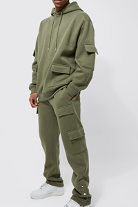 Custom Streetwear Men's Olive Green Hooded Tracksuit Set Front Logo Side Pockets Quick Dry Polyester Fleece Regular Fit Sporty - Product Image 3