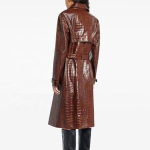 Manteau trench en cuir véritable gaufré marron coupe-vent avec ceinture, manches longues, col rabattu, veste d'automne pour femme - Product Image 2