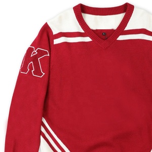 Suéter de Punto Rojo Personalizado al por Mayor para Hombre, Cuello en V, Manga Larga, Bordado con la Letra K, Suéter Informal de Invierno - Product Image 4