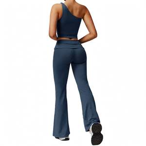 Women's Double Waist Wholesale One Shoulder <b>Striped</b> High-Waisted Front Yoga Sets Halter Crop <b>Tops</b> Capri Shorts Spandex/Nylon - Product Image 6
