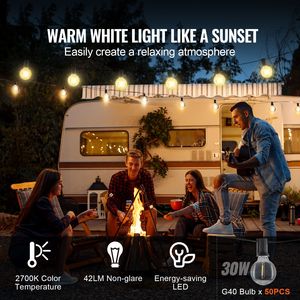 Catena Luminosa LED Impermeabile da Esterno 30m, 2700K Dimmerabile, 50 Lampadine G40 Infrangibili (Base E12, Lampada in PVC) - Product Image 2