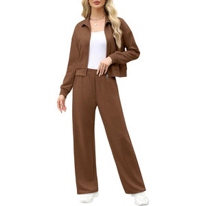 Ensembles de détente marron café pour femmes 2026 – Survêtement 2 pièces : Sweat-shirt et pantalon de survêtement large – Ensemble assorti - Product Image 1