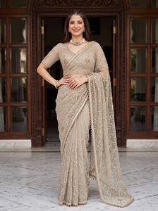 Sari de lujo para mujer en colores pastel, con bordado de lentejuelas pesadas y rejilla multicolor, diseño Bollywood, para bodas y fiestas indias. - Product Image 3