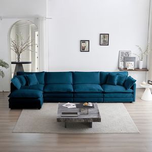 Divano Componibile a U in Ciniglia Blu, 5 Posti con 1 Pouf per Soggiorno - Product Image 1