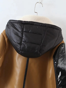 Chaqueta de invierno para mujer, de piel sintética con parches, abrigo cálido con capucha, sudaderas con capucha para mujer - Product Image 6