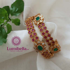 <b>Ruby</b> Floral Matte Charm Bangles-Gold Plated Stainless Steel with Freshwater Pearl & Zircon - Product Image 1