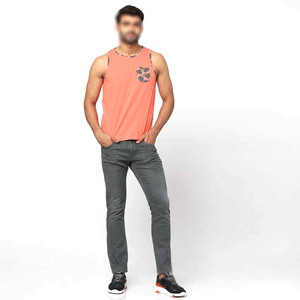 Men's <b>Coral</b> Sleeveless Tank <b>Top</b> With Front Patch Design O-Neck Casual Breathable Knitted Cotton Wear - Product Image 1