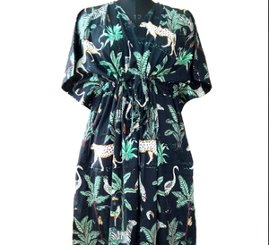 Vestido Maxi Kaftan con Estampado Tropical, Cuello en V, Manga Corta, Corte Holgado, Cintura Elástica, Tejido Transpirable, Vestido Casual de Verano - Product Image 4