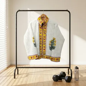 <b>White</b> Cotton Stand Collar Floral Hand Block Print Eco-Friendly Reversible Silkgram Long Sleeve <b>Jacket</b> <b>for</b> <b>Women</b> Spring - Product Image 1