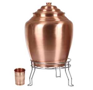 Copper Water Dispenser with Iron Stand and Tumbler <b>Set</b> Hammered Finish Metal Tank for Home Kitchen Office Healthy Water Storage - Product Image 1