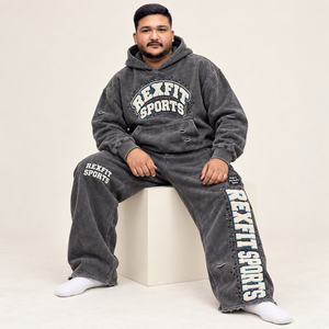 REXFIT SPORTS Unisex Hoodie & Sweatpants Set Acid Washed French Terry Street Style Casual <b>Tracksuit</b> <b>winter</b> Wear - Product Image 2