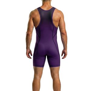 Combinaison de lutte professionnelle violet-noir, haute élasticité, imprimée, en spandex, tenue d'entraînement respirante pour hommes - Product Image 2