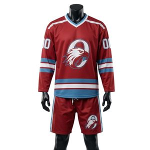 Ensemble short et maillot de hockey sur glace sublimé rouge et bleu pour hommes, en polyester, col en V, uniforme de sport imprimé, vêtements d'entraînement - Product Image 1