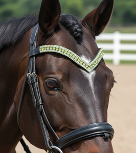 <b>Black</b> Leather Comfortable Horse Brow Band V-Shaped Green Bling Sparkly 3 Row Customized Grooming Accessory MS TECHIFY EXPORTS - Product Image 1