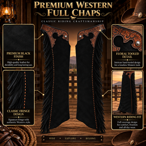 Guêtres complètes en cuir noir style western avec franges |   Chaps d'équitation à motifs floraux pour l'entraînement, la compétition et le quotidien - Product Image 5