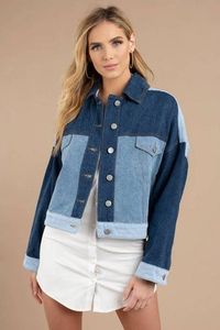 Reina Po Women's Color Blocked <b>Denim</b> <b>Jacket</b> <b>Cropped</b> Button Front Long Sleeve Casual Autumn Style Distressed Wash - Product Image 3