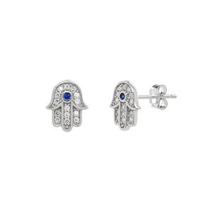 Boucles d'oreilles clous en or massif 14 carats avec main de Hamsa, diamants et saphirs, vente en gros directe d'usine, bijoux œil porte-bonheur, fabricant de bijoux personnalisés - Product Image 4