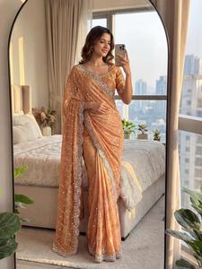 Indian Traditional Ethnic Partywear Satin Silk Saree Sequins Embroidery Work Recycled Materials for Wedding Occasion Festive - Product Image 1